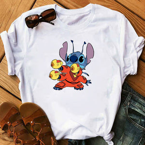 Graphic Women Cartoon Coffee T-Shirt Lilo Stitch Tshirts Female Summer Print  Fashion T Shirt Casual Tops Camisas Mujer T-shirt